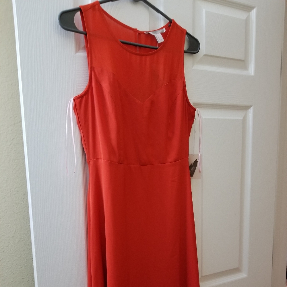 Orange illusion neckline long dress